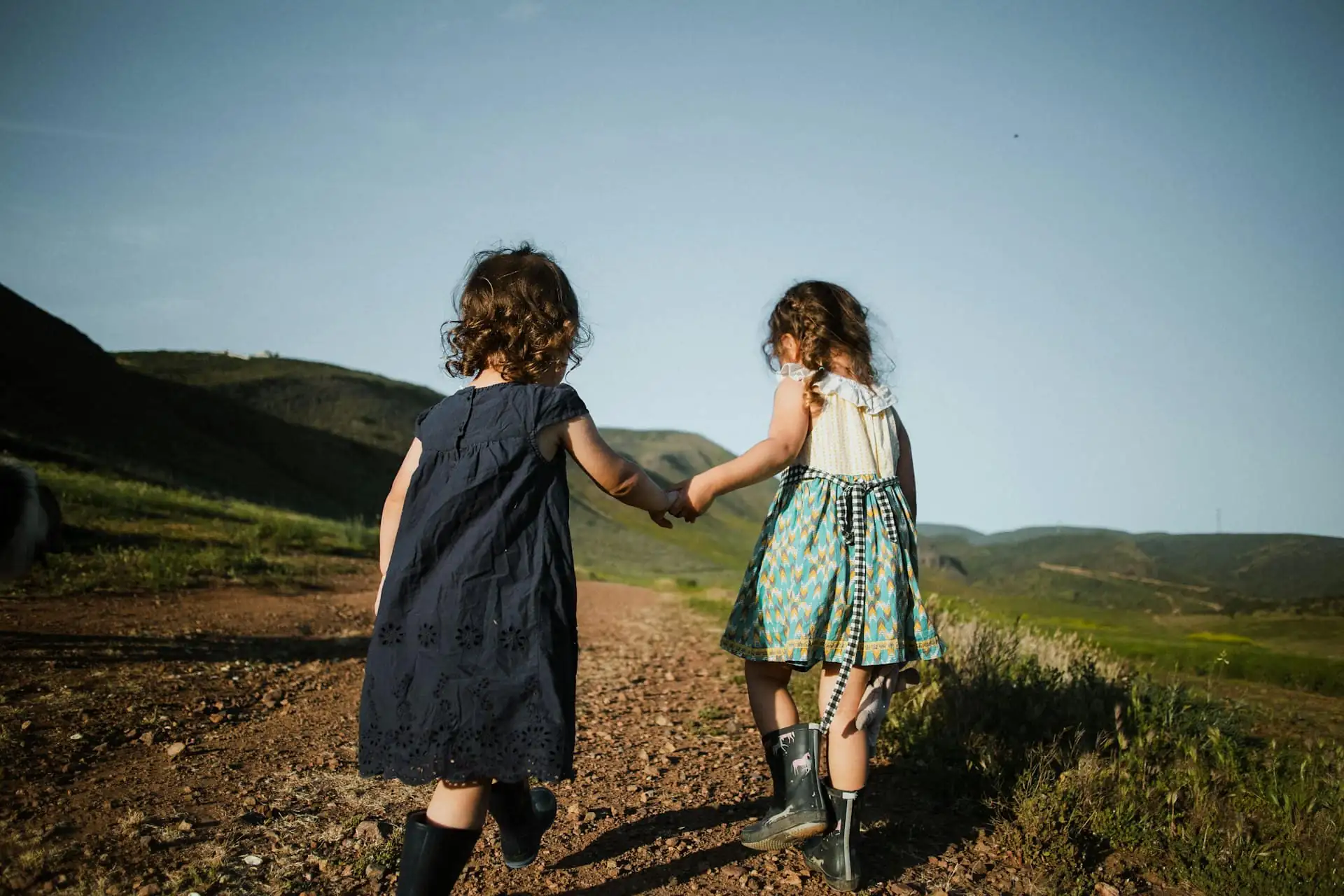 Two young children walking hand in hand across a field